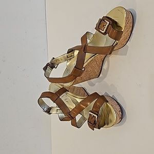 Marc Fisher | Guilin 3 Wedge Cork Heel Platform Sandal Tann Gold Designer Size 9